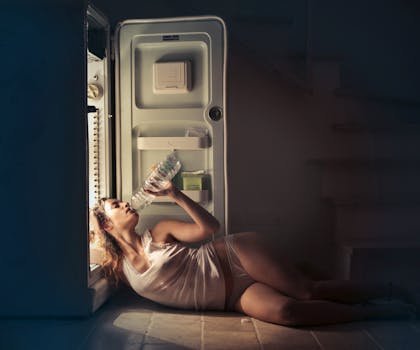 A woman in sleepwear drinking water beside an open fridge late at night, conveying thirst and refreshment.